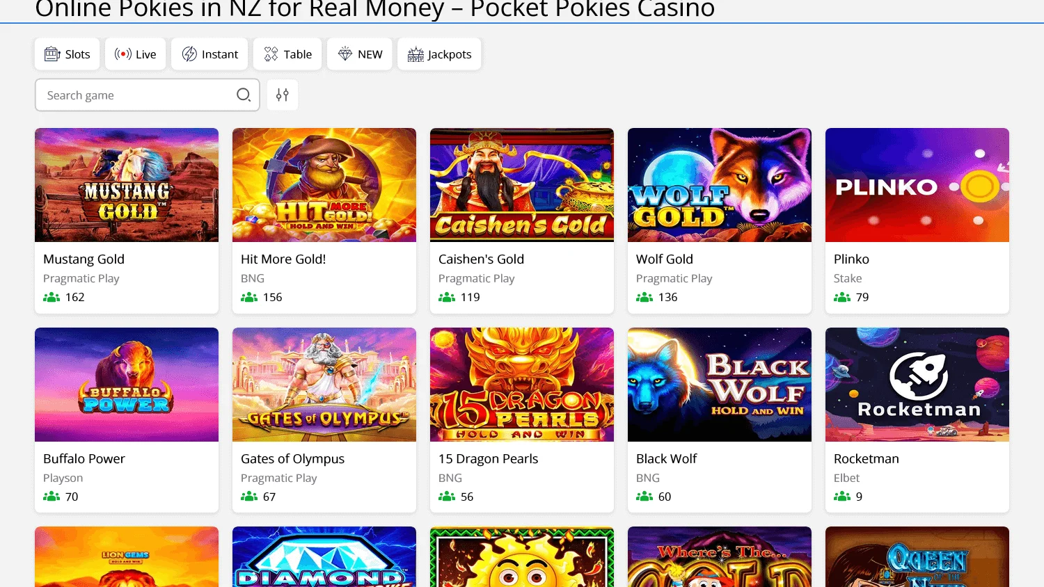 Pocket Pokies Casino desktop games area with pokies and casino titles