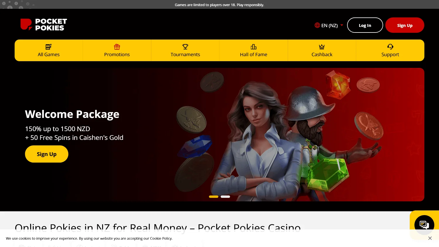 Pocket Pokies Casino desktop home screen with casino features and AUD account access
