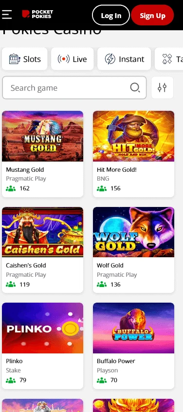 Pocket Pokies Casino mobile browser games area with casino titles