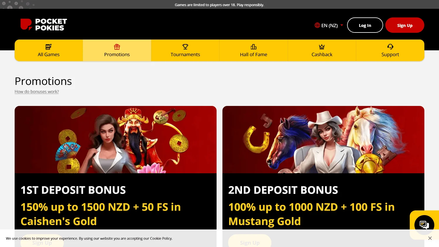 Pocket Pokies Casino promotions area showing welcome and ongoing offers