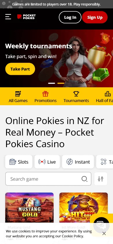 Pocket Pokies Casino mobile browser home screen on a phone